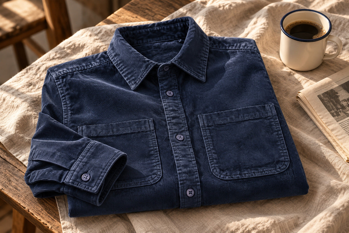 Blue Corduroy Shirt laid out in a Garment Works editorial still life