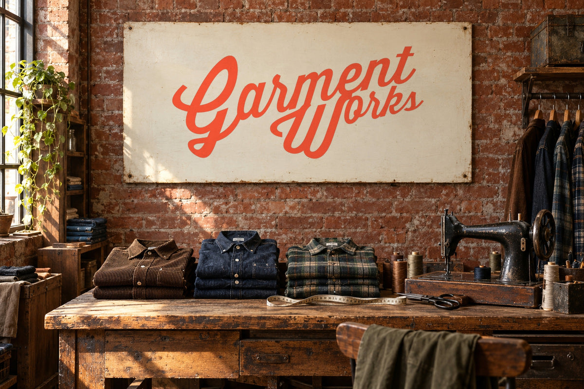 Garment Works logo painted on a vintage sign above a workbench of folded shirts and a sewing machine