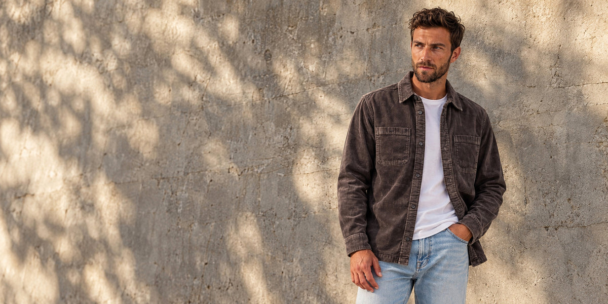 Man wearing the Garment Works Dark Brown Corduroy Shirt open over a white tee against a sunlit concrete wall