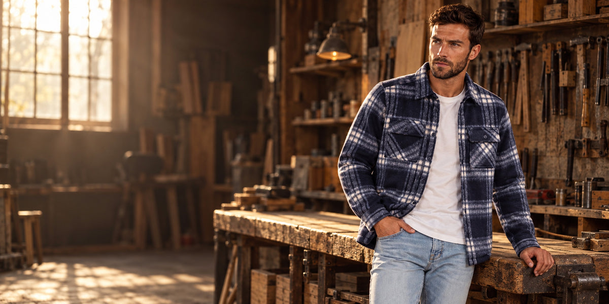 Man in the Esco Navy Check Two Pocket Overshirt leaning on a wooden workbench in a craftsman workshop