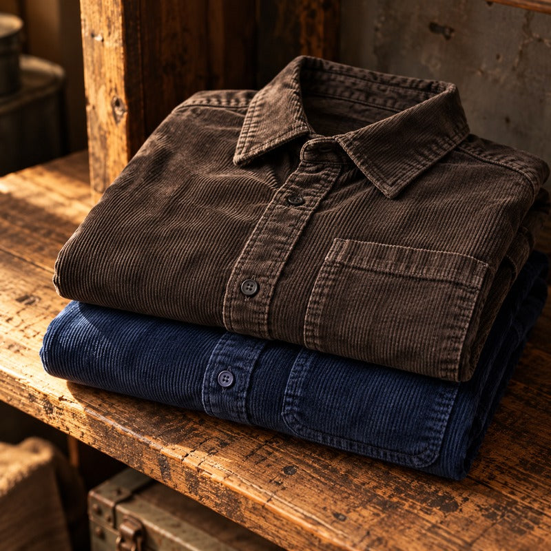 Dark brown and blue corduroy shirts folded on a wooden shelf