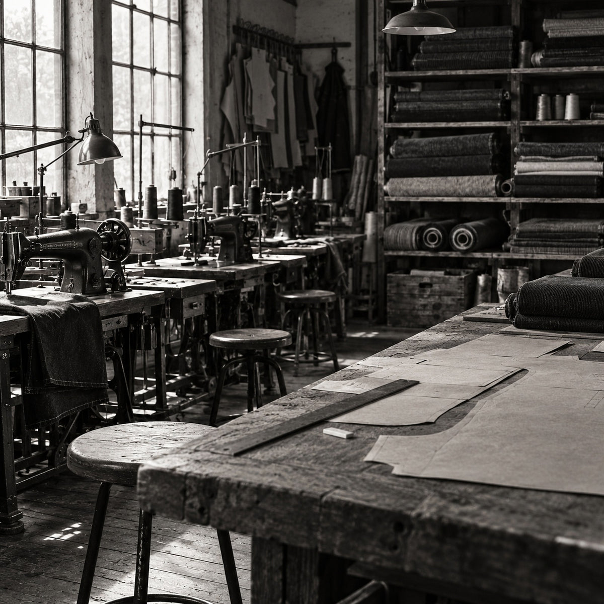 Black and white vintage garment workshop with sewing machines and fabric bolts