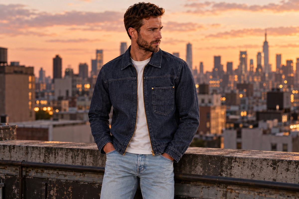 Man wearing the Garment Works Sycamore Indigo Denim Jacket in an outdoor lifestyle setting