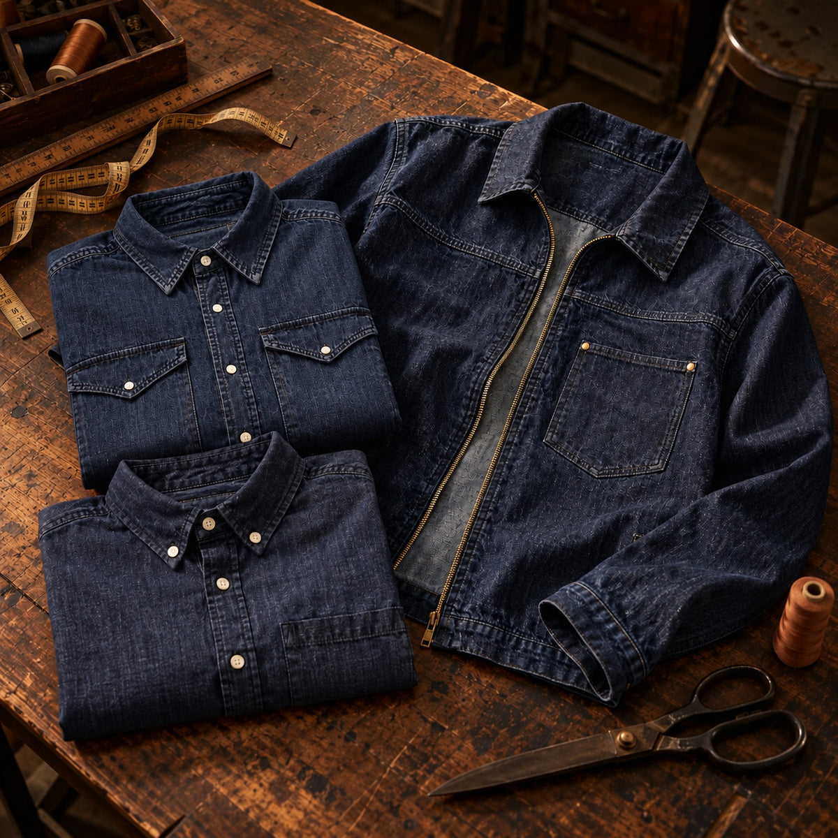 Dark denim western shirt, denim button-down and indigo denim jacket on a tailor cutting table