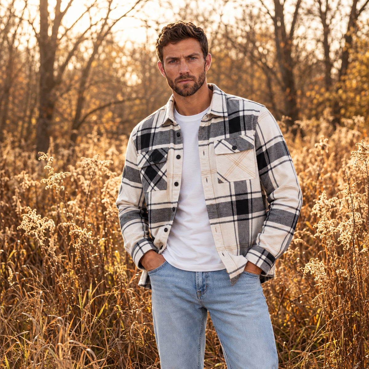 Man wearing Garment Works checks & flannels in an editorial setting