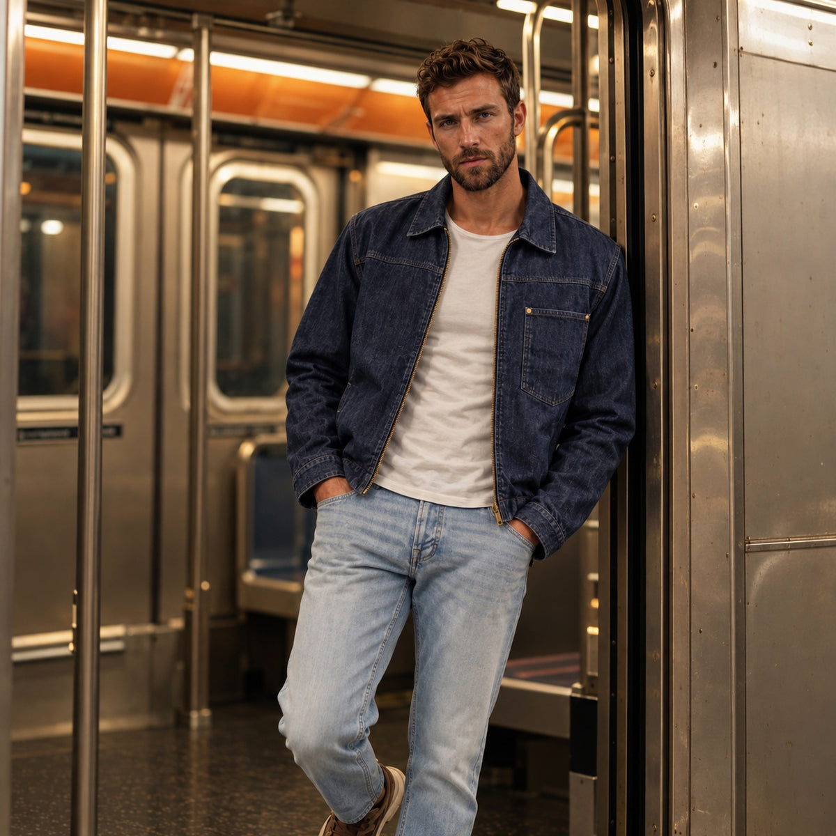 Man wearing Garment Works jackets in an editorial setting