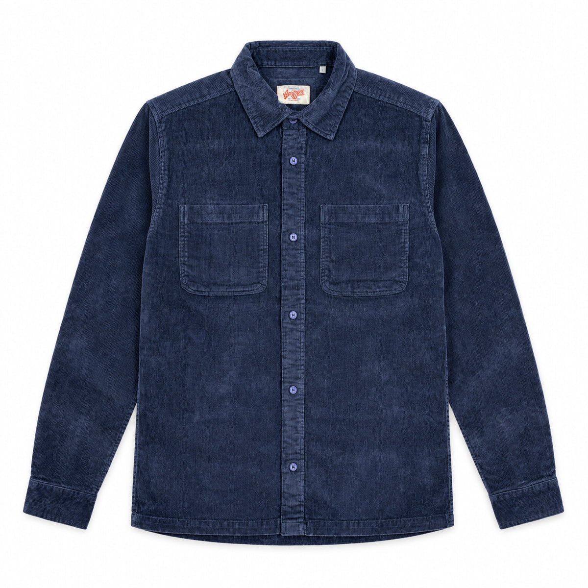 Garment Works blue corduroy shirt front flat lay with two chest pockets