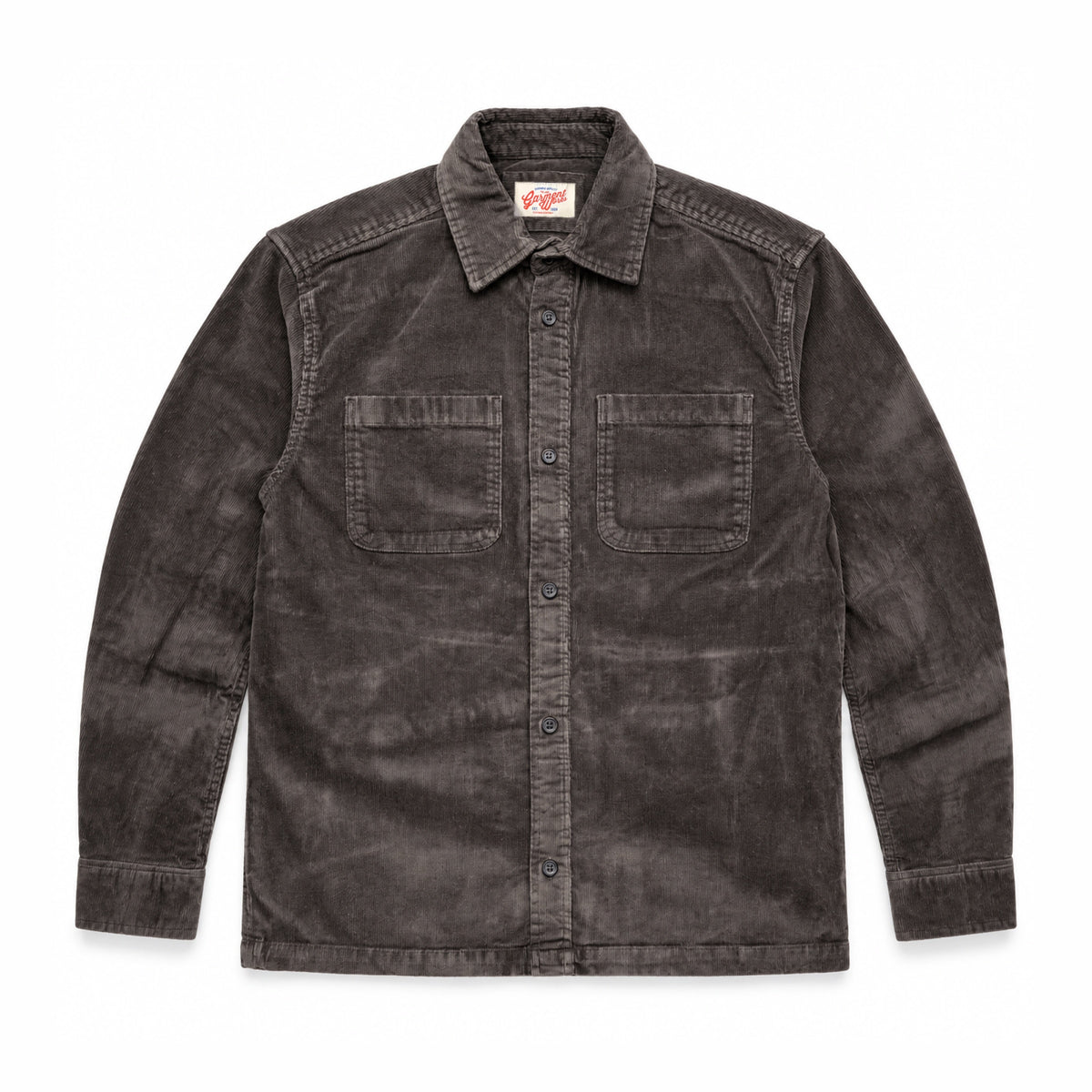 Garment Works dark brown corduroy shirt front flat lay with two chest pockets
