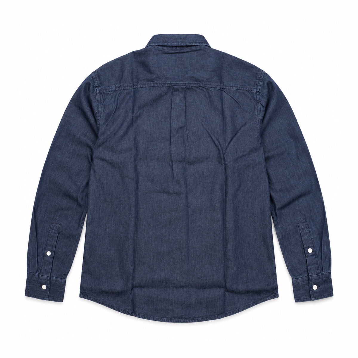 Garment Works dark denim button down shirt back view flat lay