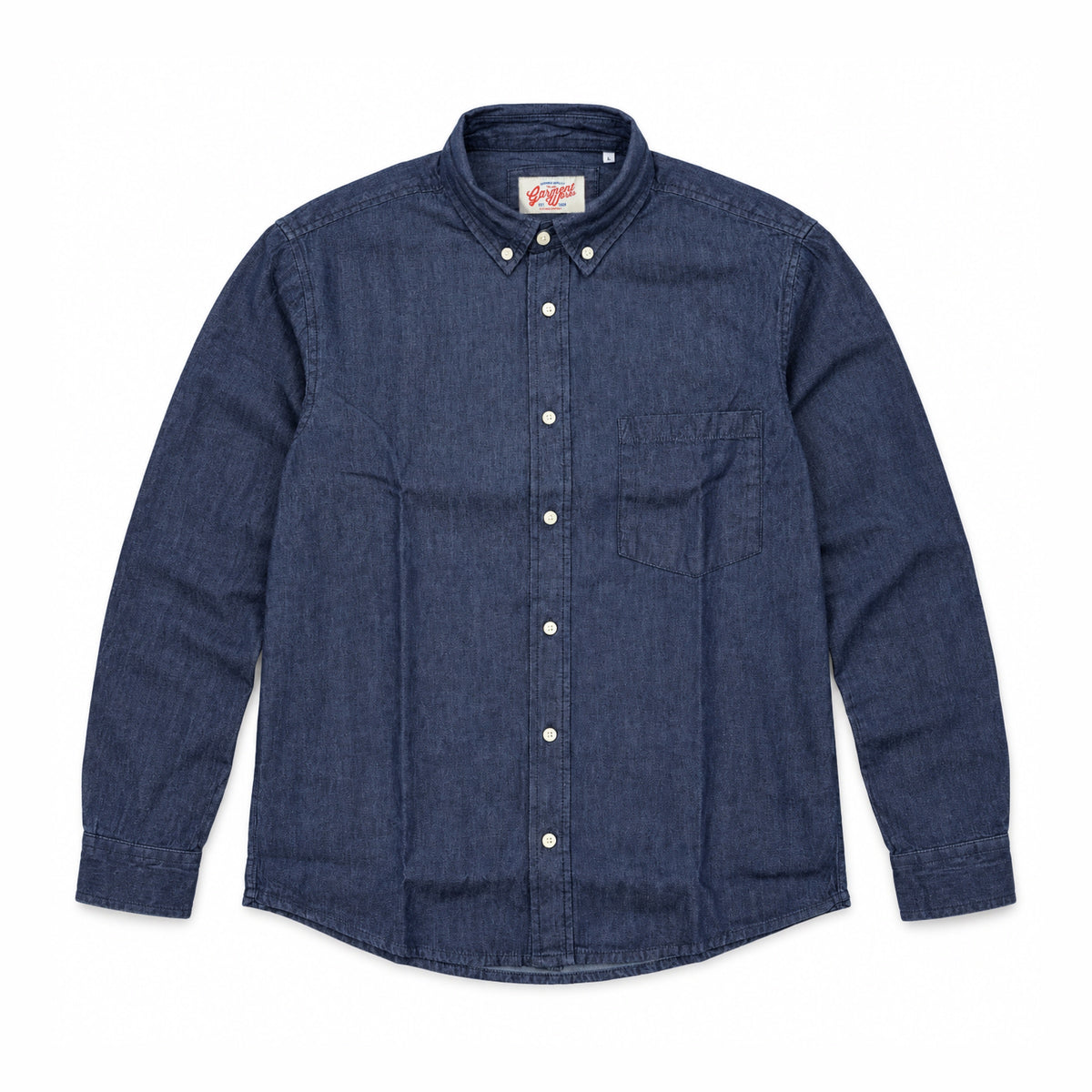 Garment Works dark denim button down shirt front flat lay with chest pocket