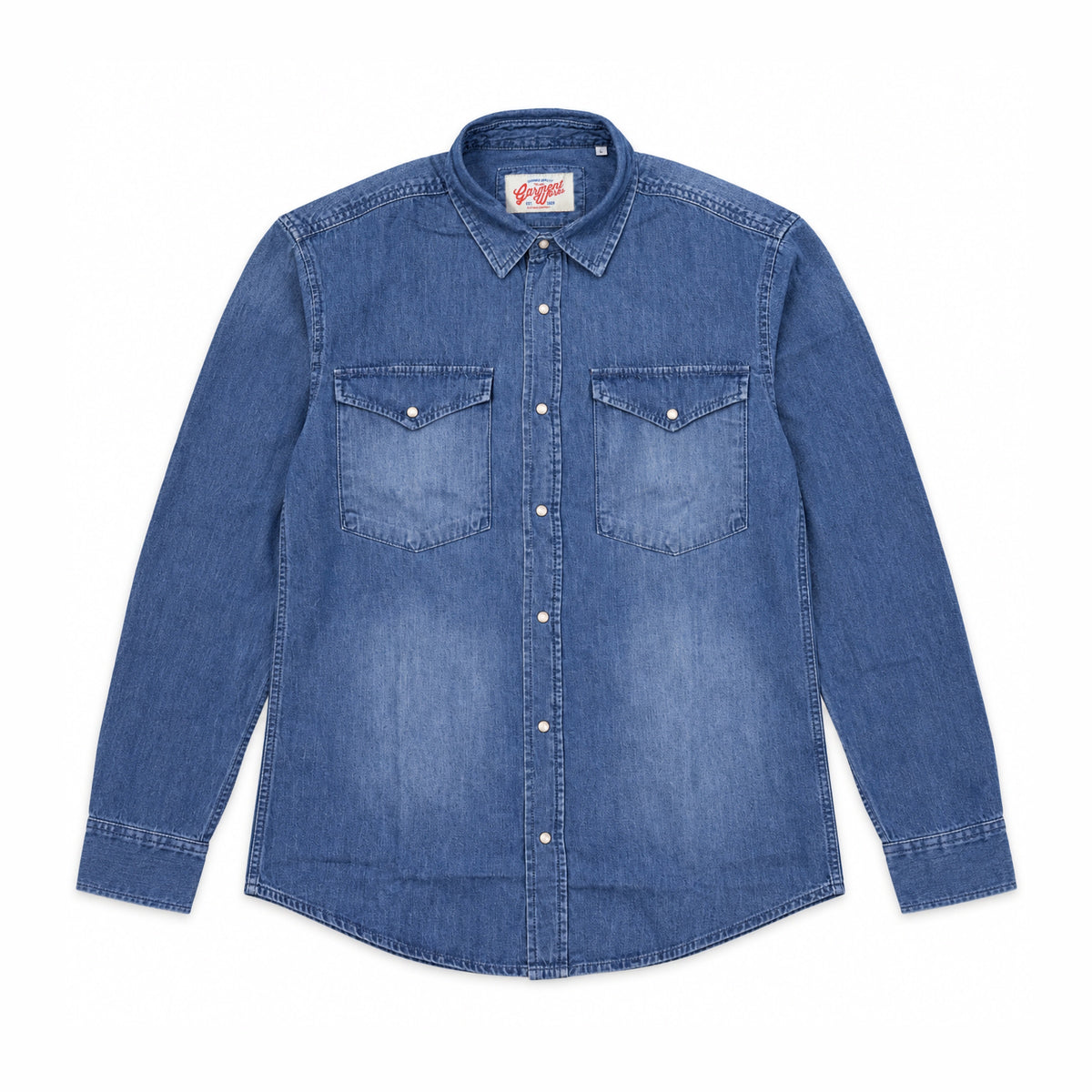 Garment Works dark denim western shirt front flat lay with pearl snaps and flap pockets