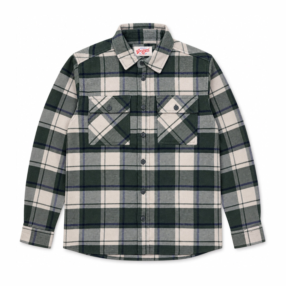Garment Works Esco cream and green check two pocket overshirt front flat lay