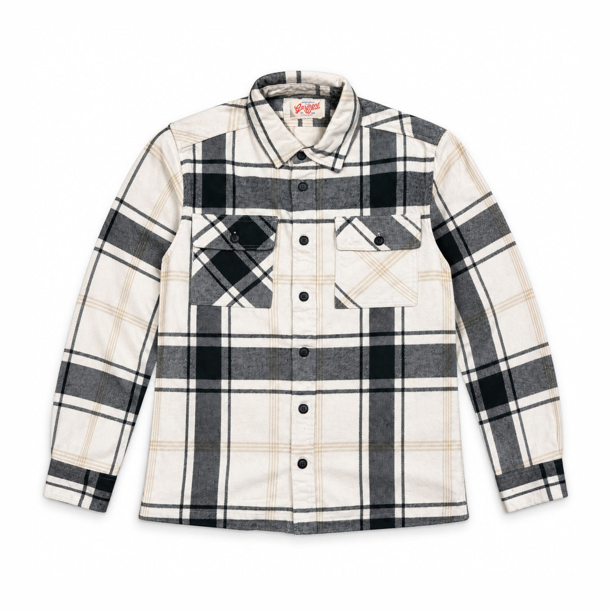 Garment Works Esco two pocket overshirt in cream check front flat lay
