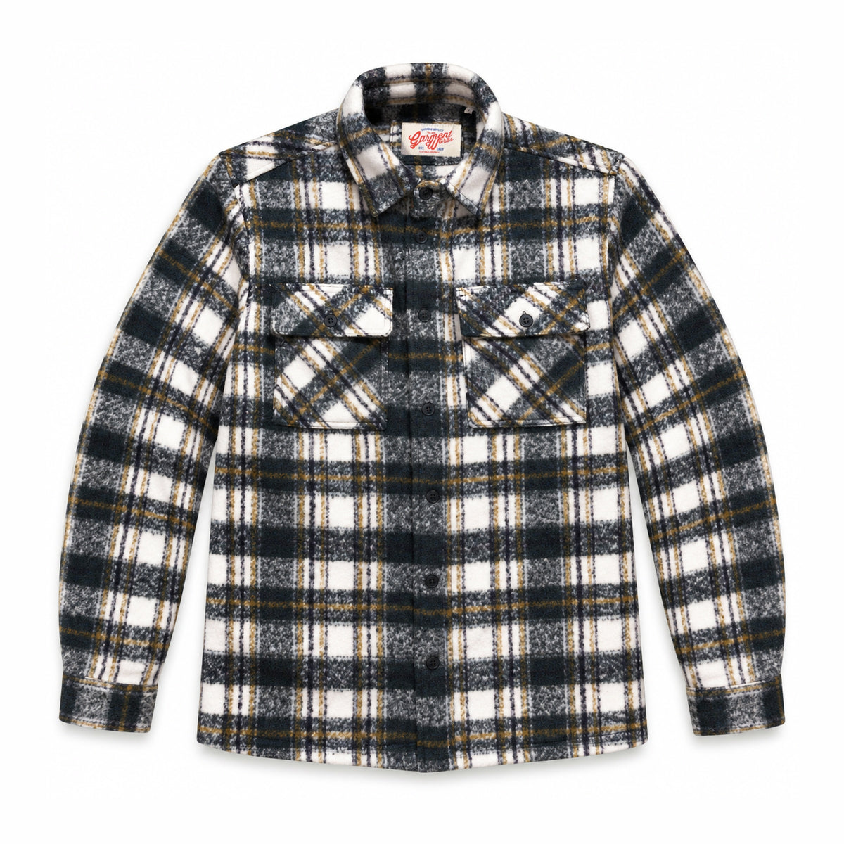 Garment Works Esco forest green check brushed two pocket overshirt front flat lay