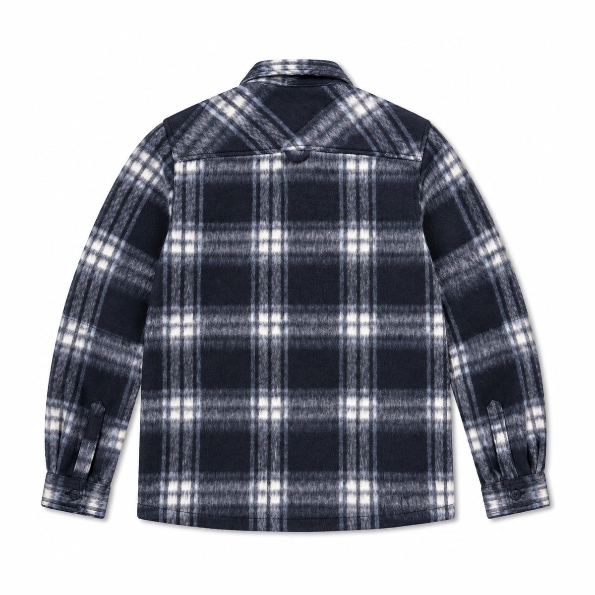 Garment Works Esco navy check overshirt back view flat lay
