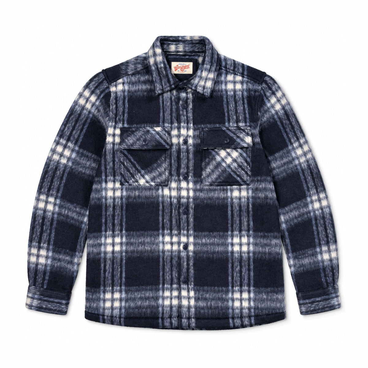 Garment Works Esco navy and white check brushed two pocket overshirt front flat lay