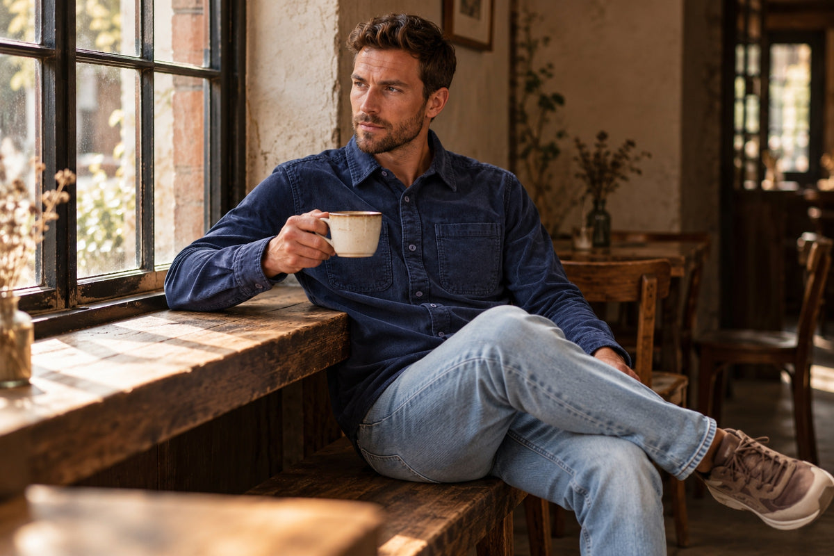 Man wearing the Garment Works Blue Corduroy Shirt in an outdoor lifestyle setting