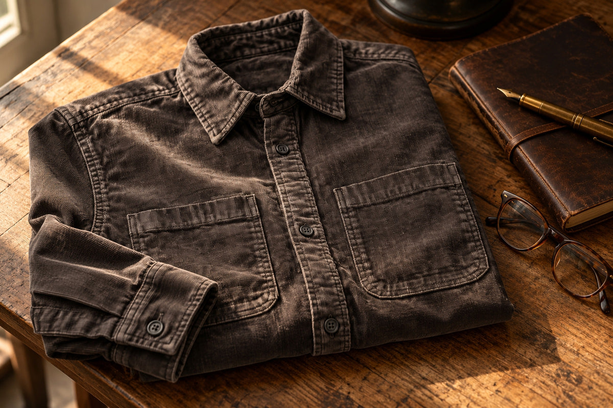 Dark Brown Corduroy Shirt laid out in a Garment Works editorial still life