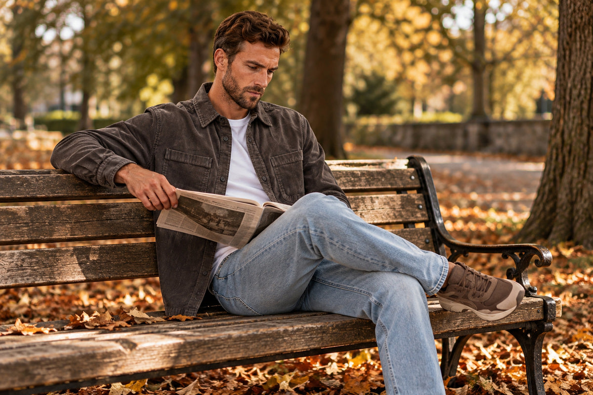 Man wearing the Garment Works Dark Brown Corduroy Shirt in an outdoor lifestyle setting