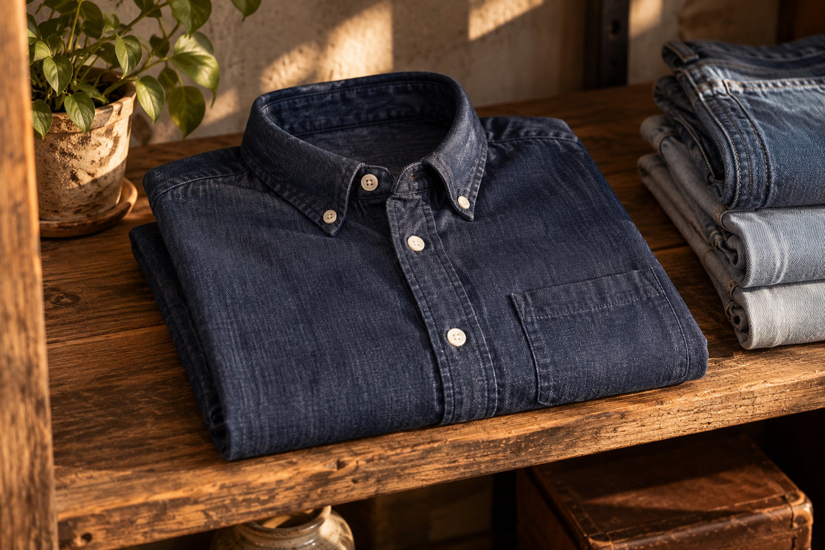 Dark Denim Button Down Shirt laid out in a Garment Works editorial still life