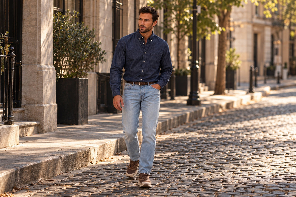 Man wearing the Garment Works Dark Denim Button Down Shirt in an outdoor lifestyle setting