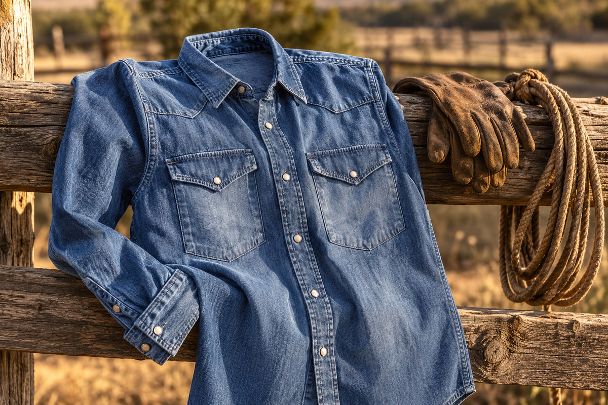 Dark Denim Western Shirt laid out in a Garment Works editorial still life