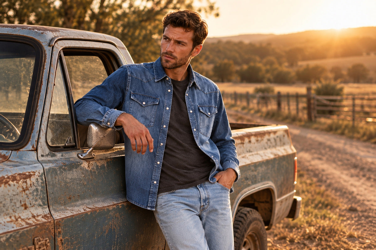 Man wearing the Garment Works Dark Denim Western Shirt in an outdoor lifestyle setting