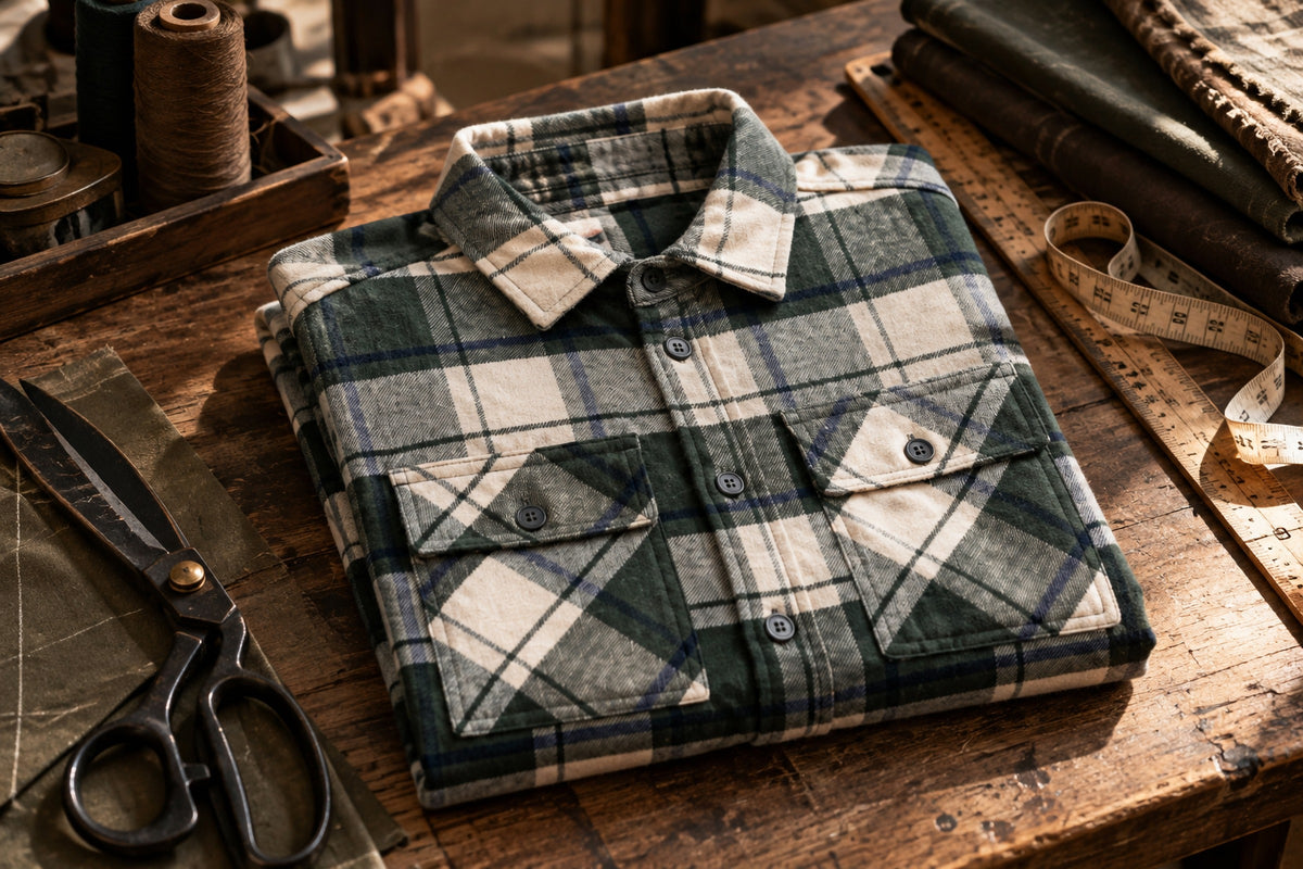 Esco Cream and Green 2 Two Pocket Overshirt laid out in a Garment Works editorial still life