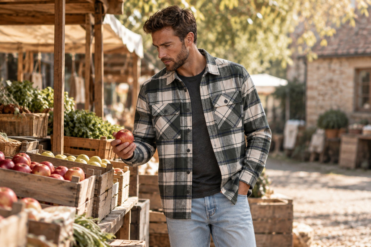 Man wearing the Garment Works Esco Cream and Green 2 Two Pocket Overshirt in an outdoor lifestyle setting