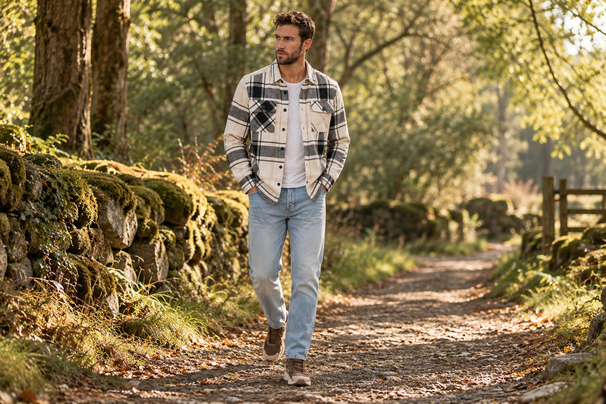 Man wearing the Garment Works Esco Cream and Green Two Pocket Overshirt in an outdoor lifestyle setting