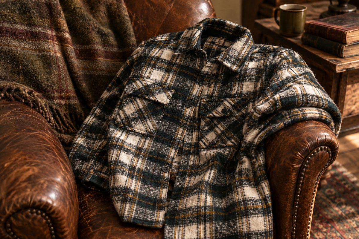Esco Forest Green Check Two Pocket Overshirt laid out in a Garment Works editorial still life