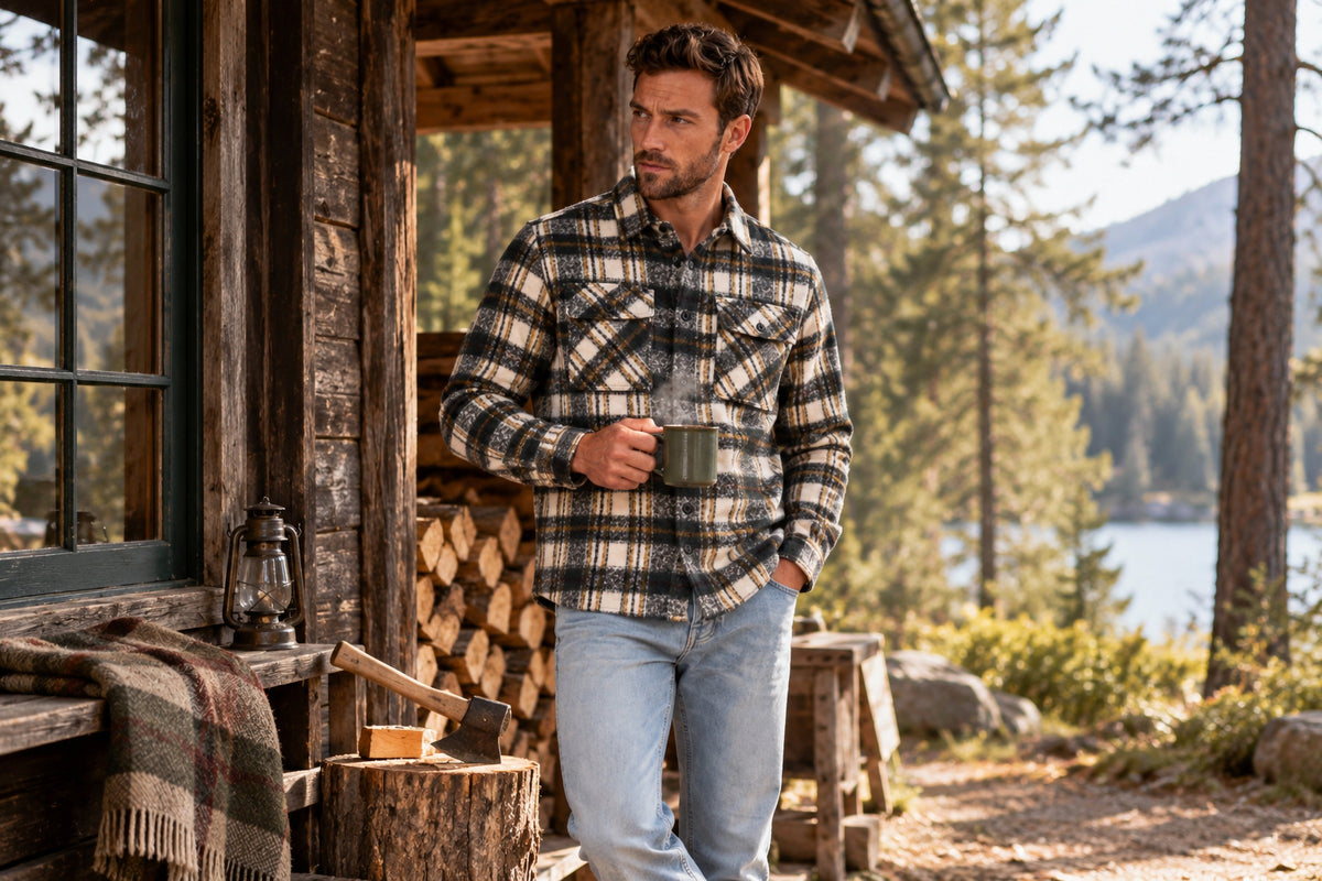 Man wearing the Garment Works Esco Forest Green Check Two Pocket Overshirt in an outdoor lifestyle setting