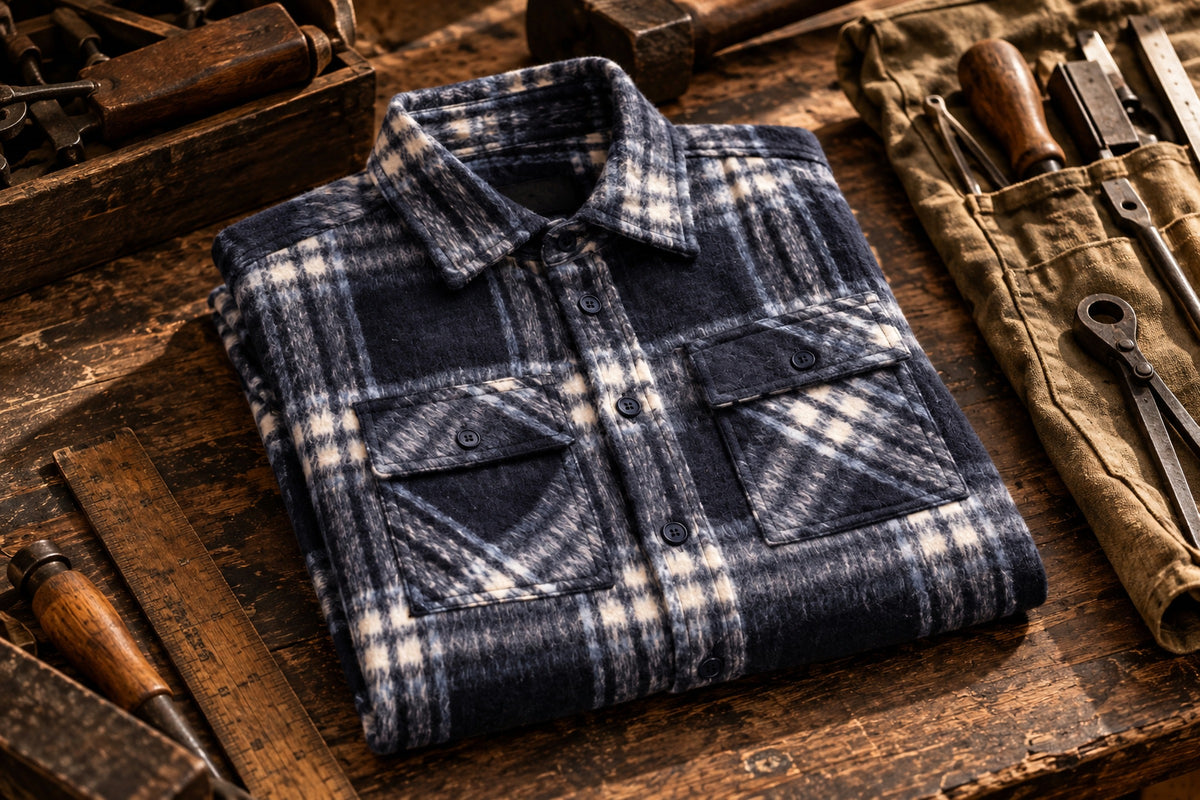 Esco Navy Check Two Pocket Overshirt laid out in a Garment Works editorial still life
