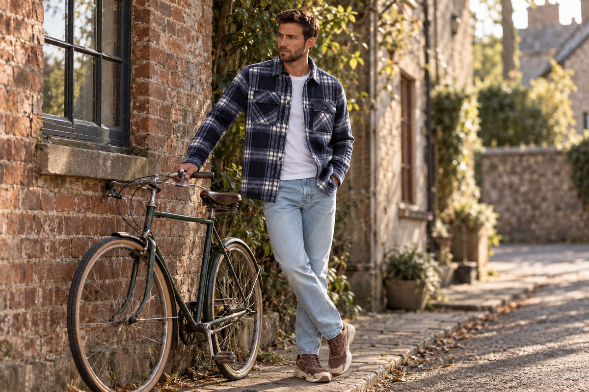 Man wearing the Garment Works Esco Navy Check Two Pocket Overshirt in an outdoor lifestyle setting
