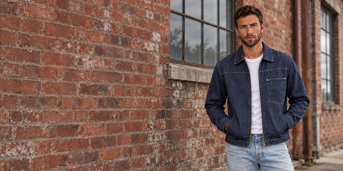 Man wearing the Sycamore Indigo Denim Jacket against a red-brick warehouse wall