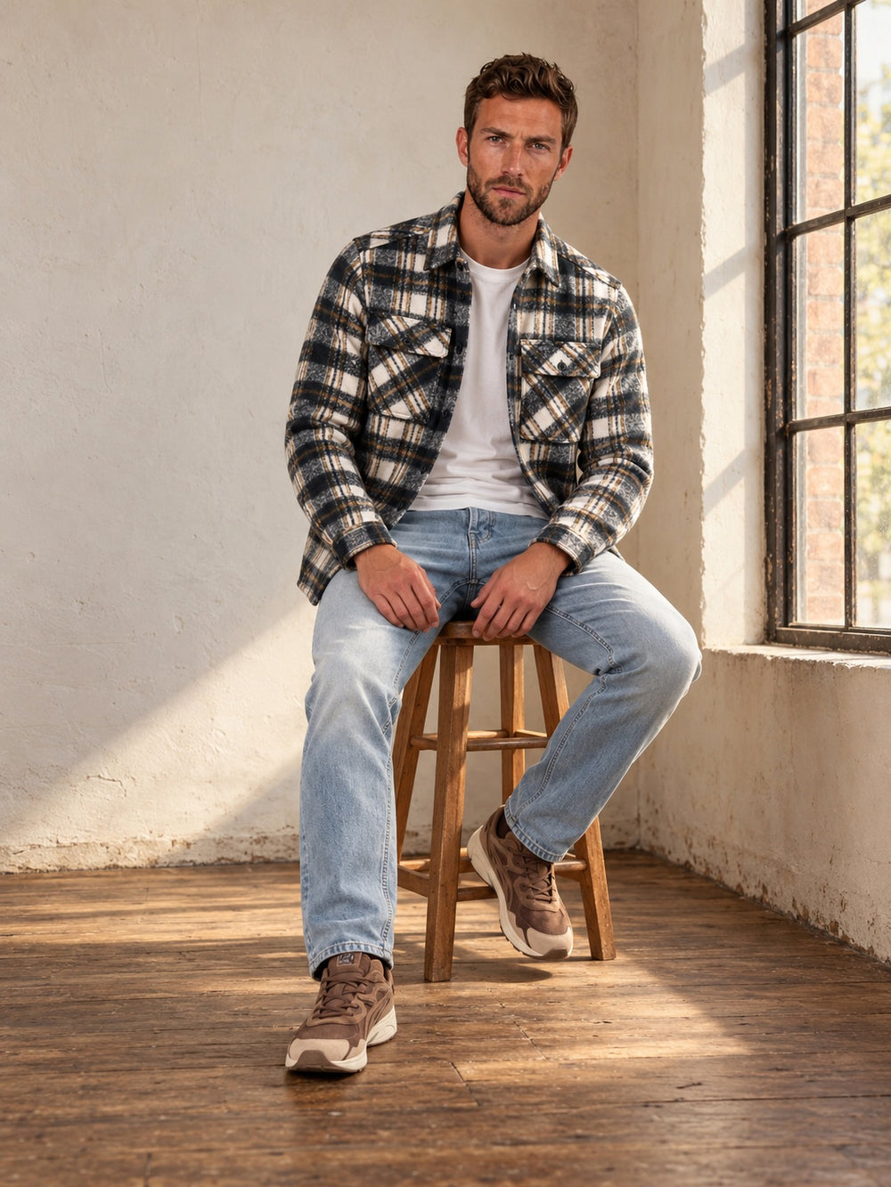 Man seated on a wooden stool wearing the Esco Forest Green Check Two Pocket Overshirt