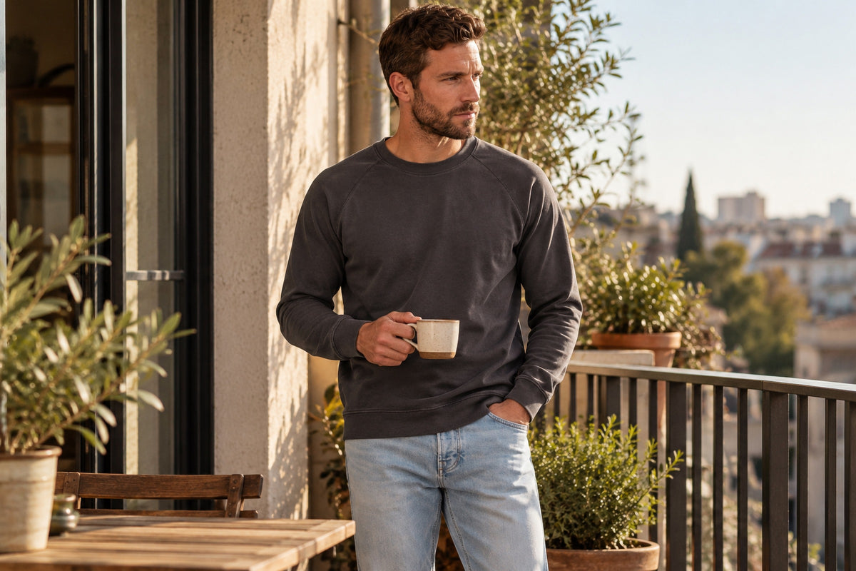 Man wearing the Garment Works Rhomb Raglan Top in an outdoor lifestyle setting