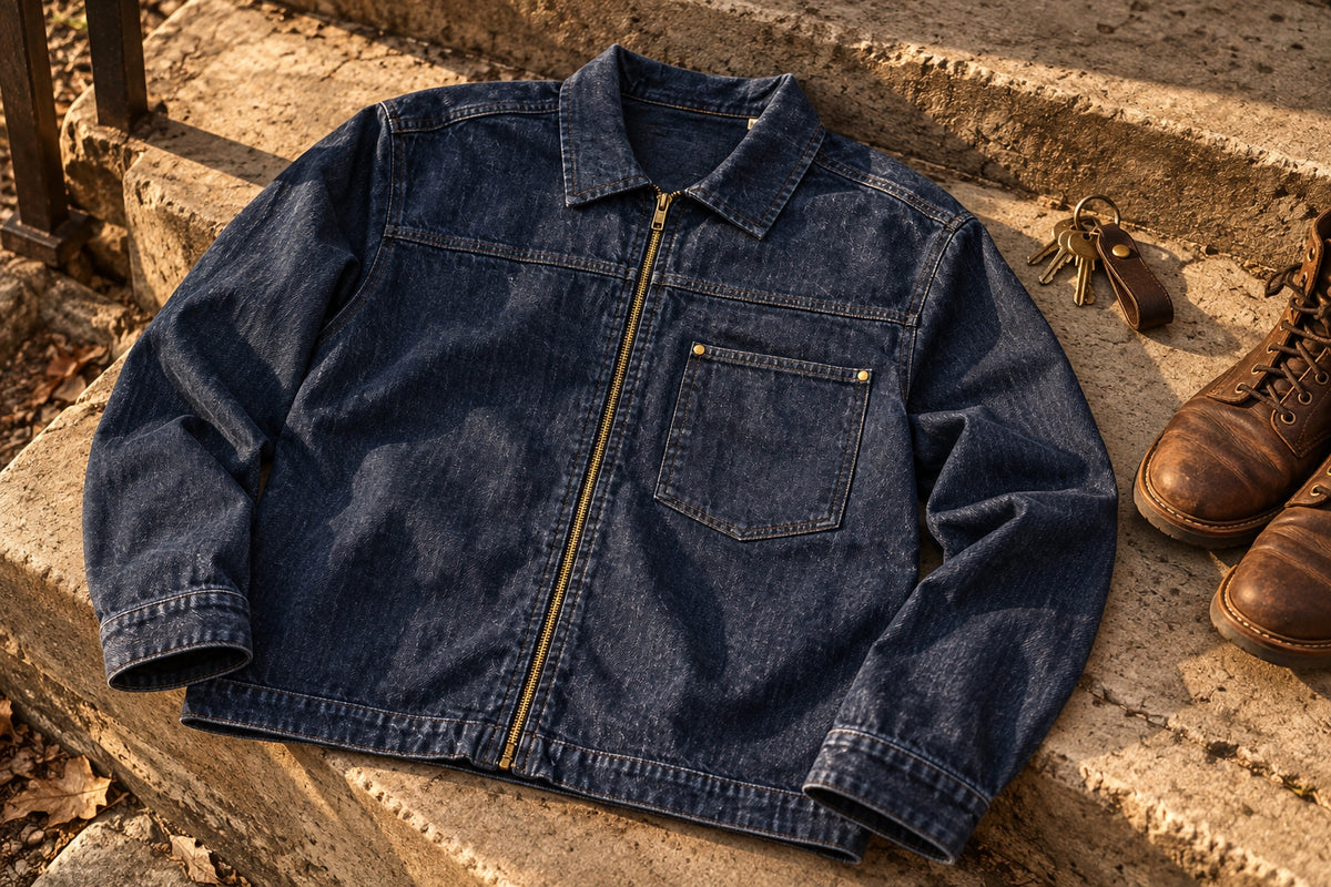 Sycamore Indigo Denim Jacket laid out in a Garment Works editorial still life
