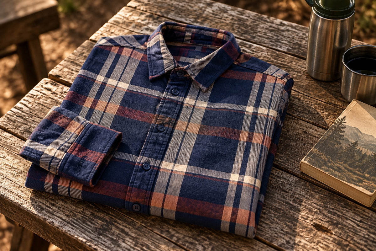 Tex Orange Check Shirt laid out in a Garment Works editorial still life
