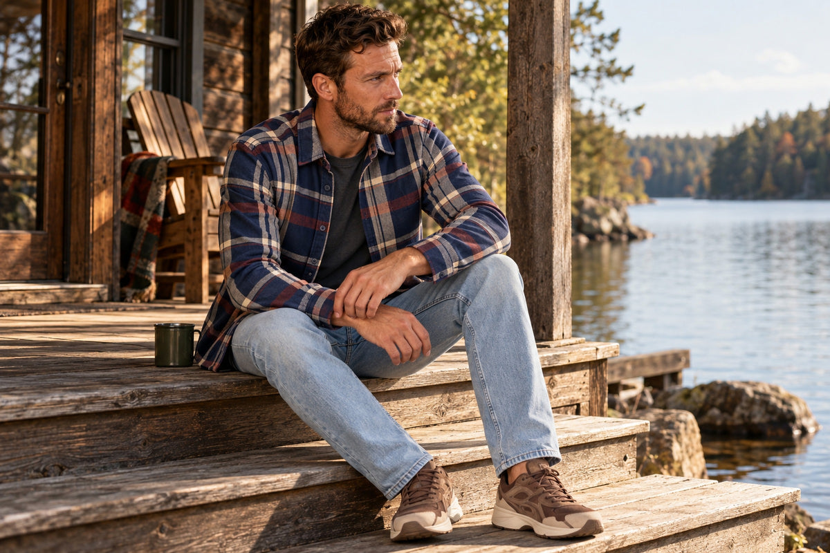 Man wearing the Garment Works Tex Orange Check Shirt in an outdoor lifestyle setting