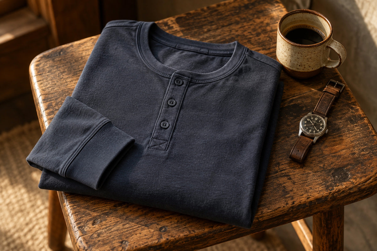 Tijuana Long Sleeve Henley laid out in a Garment Works editorial still life