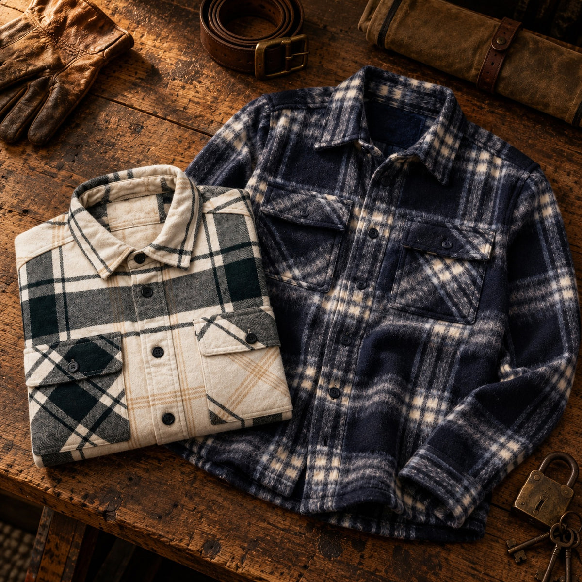 Esco check overshirts laid on a wooden workbench with leather gloves and a brass padlock