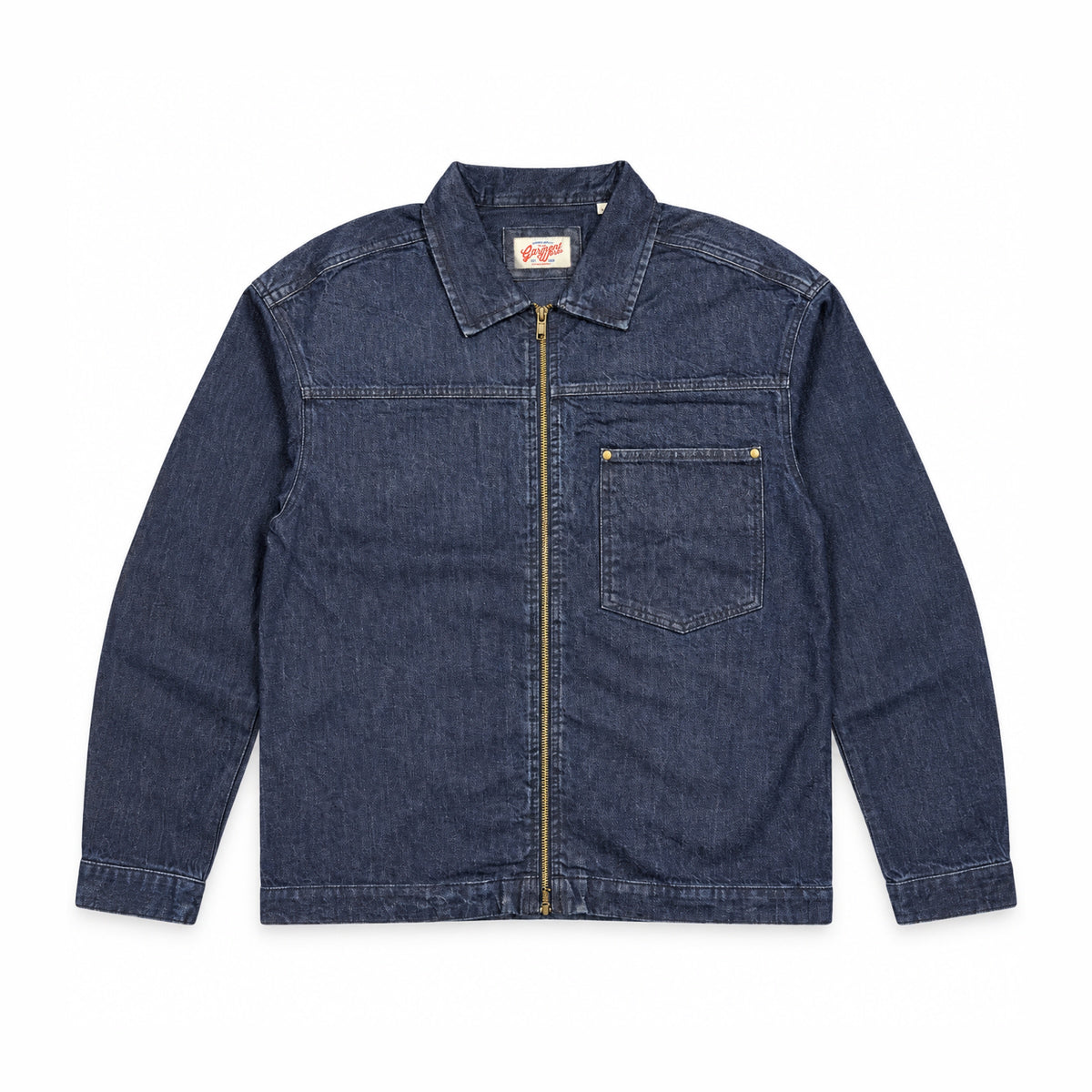 Garment Works Sycamore indigo denim zip jacket front flat lay