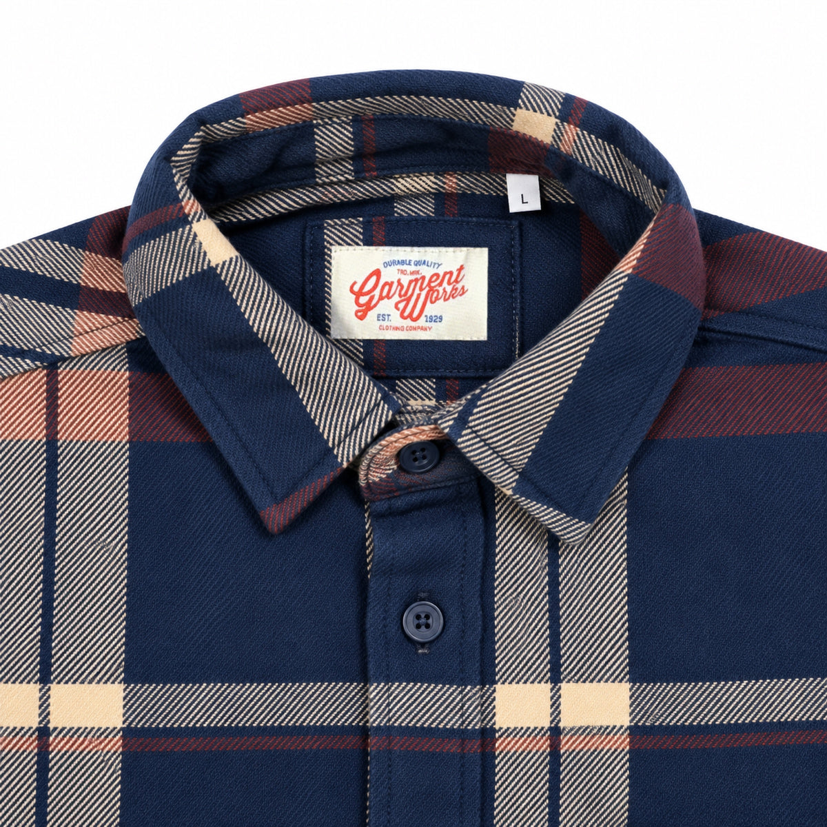 Close-up of Tex check shirt collar and Garment Works woven label