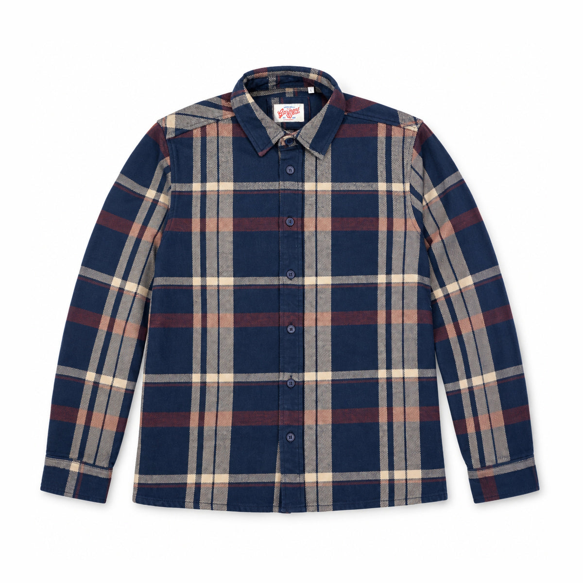 Garment Works Tex no-pocket check flannel shirt front flat lay