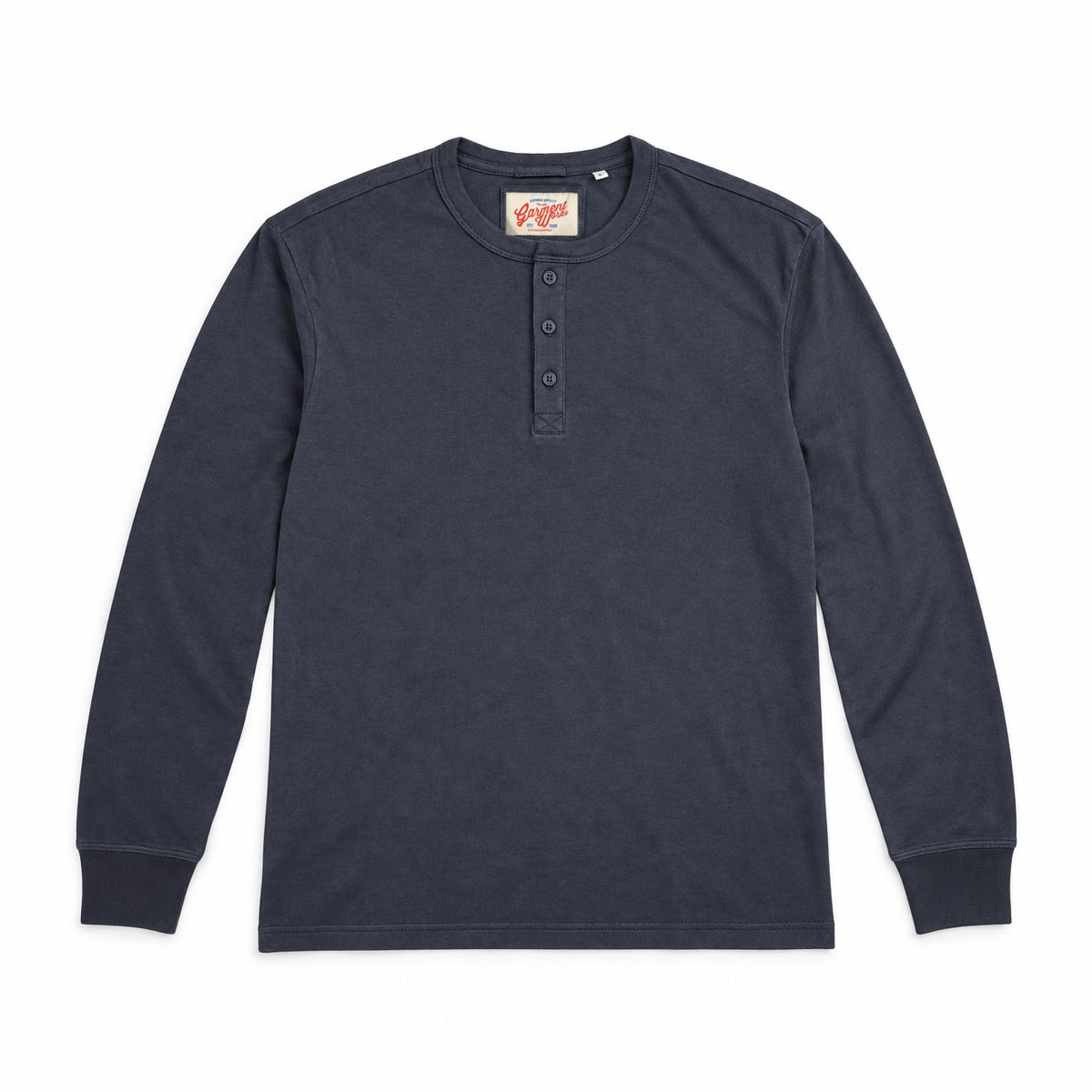 Garment Works Tijuana long sleeve henley in dark ink front flat lay with 3-button placket